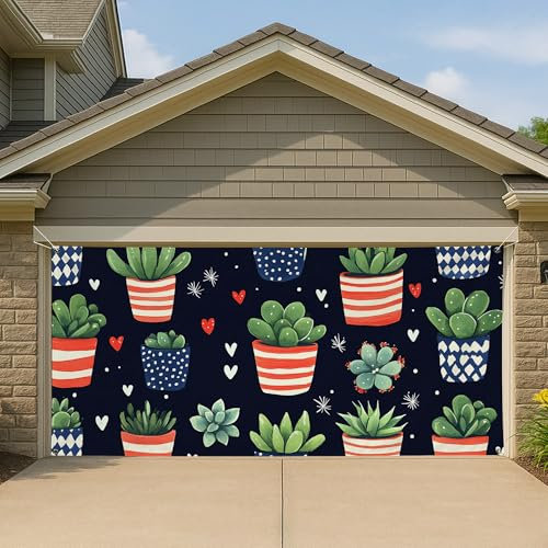 Cubierta festiva para puerta de garaje con suculentas, pancarta decorativa grande con estrellas y corazones, estilo americano moderno para decoración de fiestas al aire libre, 157 x 71 pulgadas