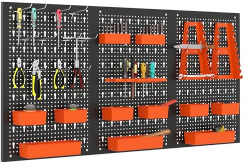 TANGZON Pegboard Organizer Kit, Wall-Mounted Metal Tool Rack with 3 Pegboards & Hanging Accessories, Multifunctional Tool Storage Holder for Warehouse Workshop Garage (Black+Orange, 26PCS Accessories)