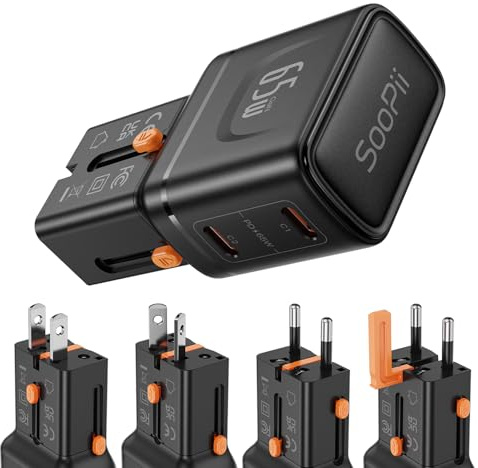 SooPii universale Adattatore da viaggio,adattatore di alimentazione GaN da 65W con 2 porte USB-C, caricabatterie da viaggio con spina US/UK/EU/AU per iPhone 16/15, Galaxy S25/S24, iPad, ecc.