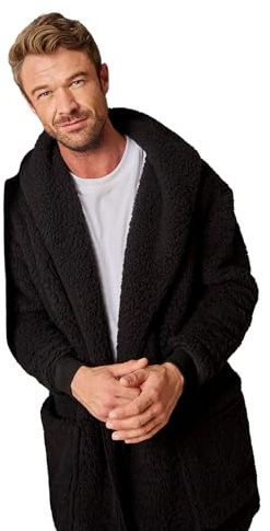 OHS Cardigan Men Women Waterfall Teddy Fleece Long Sleeve Open Front Wrap Style Cardigan Sweater with Pockets Lightweight Ultra Soft Warm Cardigan Casual Wear & Lounging, Black-S/M