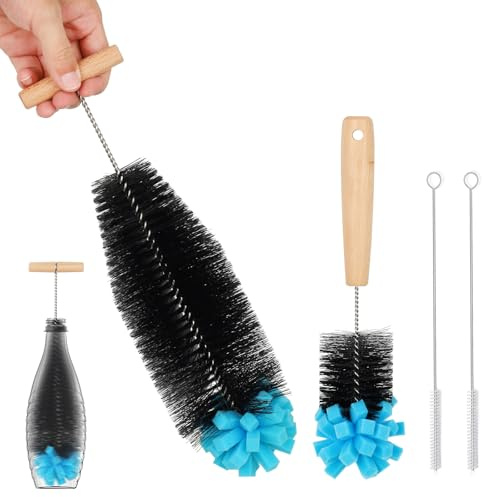 Juego de 3 cepillos para botellas + 2 limpiadores de pajitas para botellas de soda, biberones, botellas y garrafas, 35 cm, cepillos de limpieza de alta calidad para botellas de vidrio y plástico