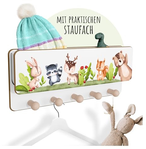 Holzura Kindergarderobe Holz mit Ablage – Wandgarderobe Kinder mit 5 Haken, Montessori Garderobenleiste