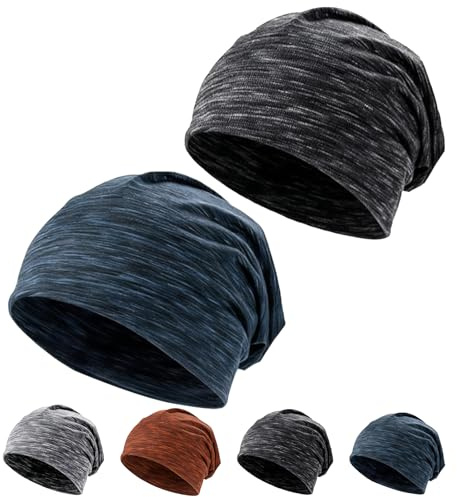 2 PCS Beanie Mütze für Damen & Herren, Streifen Slouch Unisex Stricken Beanie Mützen, Weiche Atmungsaktiv Baumwollmütze, Leicht Winddichte Schlafmütze Laufmütze Fahrradmütze für Frühling Herbst Winter