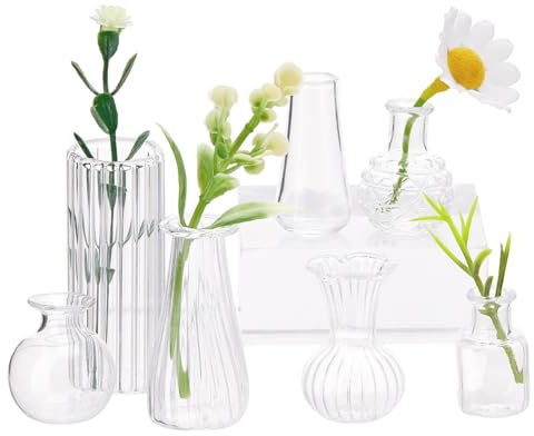SUPERFINDINGS Set di 7 vasi porta boccioli in vetro trasparente, 7 stili, mini vasi in vetro trasparente, ornamenti per vasi di fiori in miniatura, piccoli vasi da fiori per centrotavola matrimoni