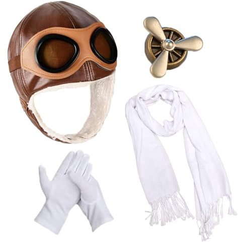 nezababy Cappello da aviatore con occhiali paraorecchie, accessori per costume da pilota da combattente, occhiali, sciarpa, guanti, spilla, Halloween, amalia, cosplay (marrone)