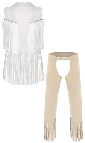 Vxuxlje Mens Western Cowboy Costume 2 Piece Outfits Faux Suede Tassel Vest Top With Chaps Pants White L