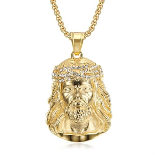 Collana con Ciondolo Testa di Gesù Iced Out - Acciaio Inossidabile Placcato Oro/Argento Corona di Spine Gioielli Hip Hop Religiosi Ipallergici Senza Bruciatura Regalo Cristiano