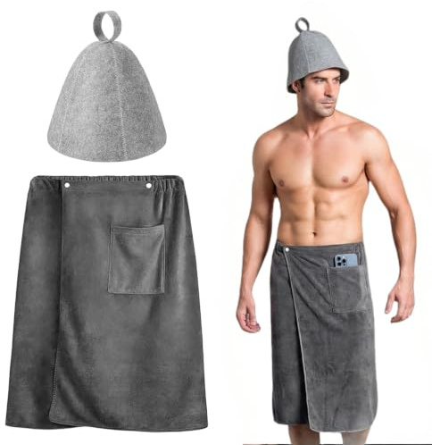 Kilt da Sauna da Uomo con 1 Cappello da Sauna, 140×70 cm Asciugatura Rapida Asciugamano da Sauna con Tasca, Regolabile Microfibra Telo Bagno a Bottone, Bath Towel Wrap per SPA Palestra Doccia Spiaggia
