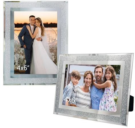 GraduationMall 2 Pack 4x6 Glass Photo Frames Crystal Glitter Picture Frames 6x4 for Wedding Office Home Decoration-Sliver
