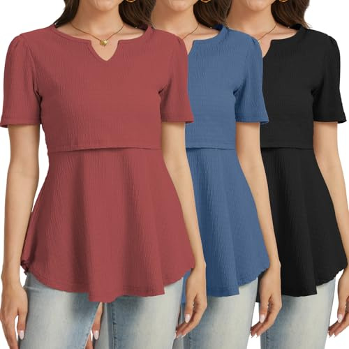 Bearsland Women's Nursing Top 3pack Short Sleeve V-Neck Nursing Shirt Breastfeeding Shirts, Black & Dusty Blue & Begonia Red‌‌, M