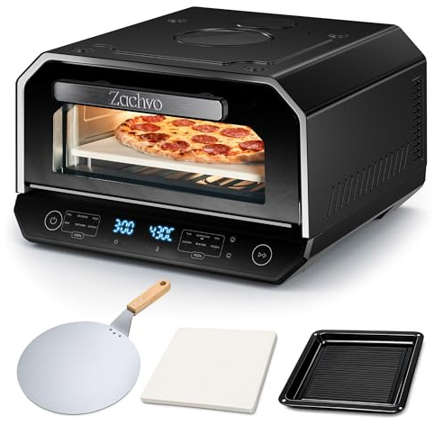Four à pizza électrique, 450 °C, 90 secondes, 13 programmes, professionnel (fonctionnement continu de 30 minutes), fenêtre de visualisation et éclairage intérieur, grande pierre à pizza, pelle à pizza