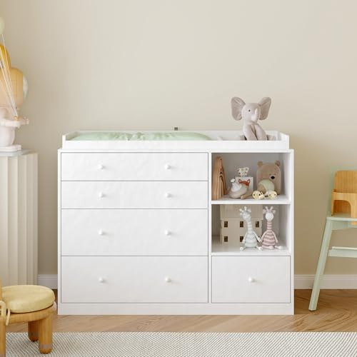 Caldion Wickelkommode mit Wickeltisch Weiß,Baby Kommode mit 5 Schubladen und Ablagefläche Kommode Aufbewahrungsstück für Baby-Schlafzimmer 120x50x85cm