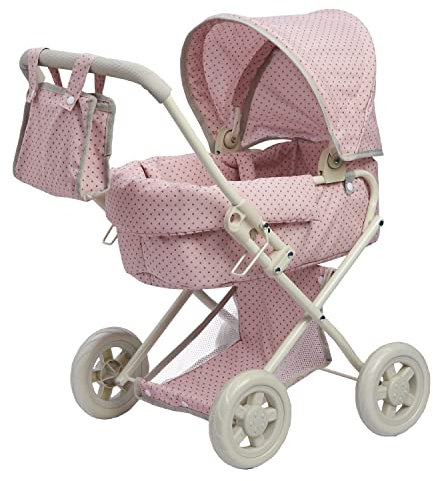 Olivia's Little World Buggy-Style Baby Doll Pram with Retractable Canopy, Storage Underneath, Detachable Bassinet, Travel Nursery Bag, Comfortable to Push, Pink and Grey