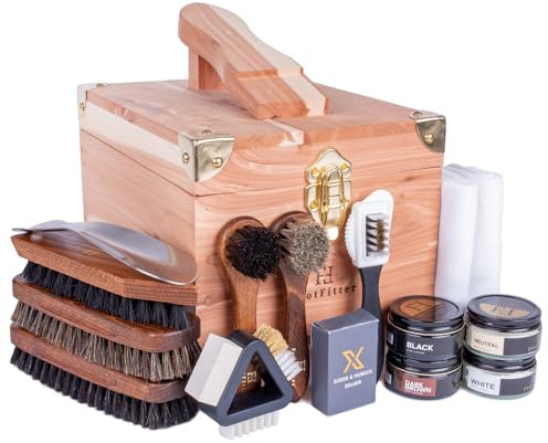 FootFitter Leather Shoe Shine & Suede Cleaning Set with Grand Cedar Valet Box, Polish Creams, Shine Brushes & Shoe Care Tools (Classic Creams)