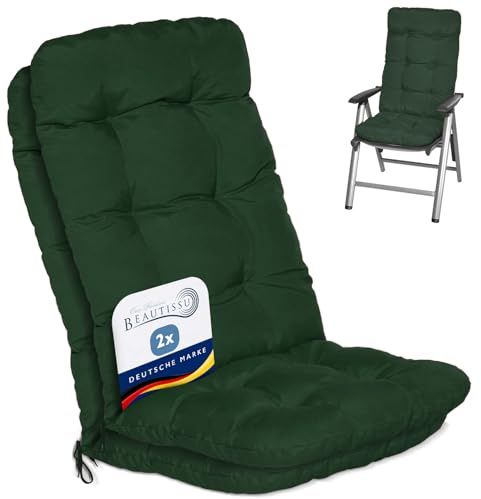 Beautissu 2er Set Hochlehner Auflagen Sitzpolster für Gartenstühle Outdoor | 120x50x8cm Dunkelgrün Outdoor Stuhlkissen Rückenlehne hoch Gartenstuhlauflage Polsterauflage Flair HL