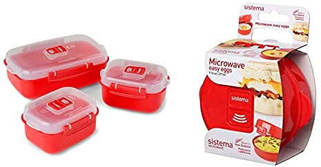 Sistema Microwave Heat and Eat 3 Pack, Red/Clear, Pack of 3 & Microwave Egg Cooker Easy Eggs, 270 ml - Red