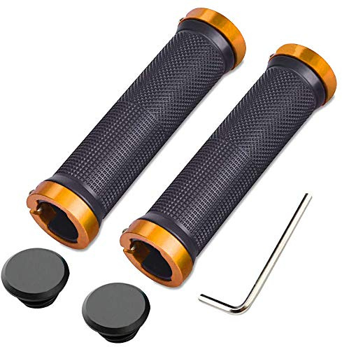 Aiqeer 1 Par Puños Bicicleta Montaña, Puños Manillar Goma Antideslizante Ergonomicos, Puños Manillar Bici Doble Bloqueo, Empuñadura BMX, Puños MTB, para Mango con Diámetro 22 mm (Dorado)