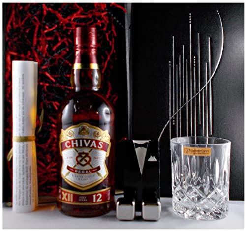 Chivas Regal 12 Jahre Scotch Whisky + Whiskey Glas + 2 Whisky Kühlsteine im Smoking im Geschenk Kaerton Männergeschenke Whiskey Genießerset