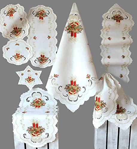 Raebel OHG Tischdecke Tischläufer Mitteldecke Deckchen Stern Weihnachten Bestickt mit roten Kerzen und Glocken auf hell cremefarbenem Untergrund (85 x 85 cm), Sehr Helles Creme mit Rot und Gold
