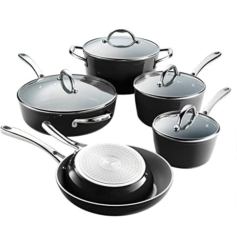 Tramontina 10 Piece Ceramic Non Stick Cookware Set with Lids, Cookware and Pans Thick Aluminum with Ceramic Non-Stick Coating, Dishwasher and Safe