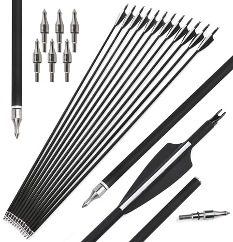 surwolf 30 Bågskytte Kolpilar 500 Spine Jaktpilar，Övningspilar, med 100 korn avtagbara tips för Archery Compound & Recurve båge (svart pilar, 24)
