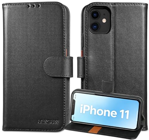 LENSUN Echtleder Handyhülle für iPhone 11, Ledertasche, Schwarz | Echtes Leder, Magnet Schutzhülle, RFID Schutz Handytasche, Standfunktion Hülle, Klappbar Lederhülle