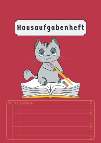 Hausaufgabenheft: Katze Grundschule Mädchen | Din A4 Ohne Datum | 50 Blatt | Aufgabenheft 1 Klasse Kinder | Rot | Version 2022/2023