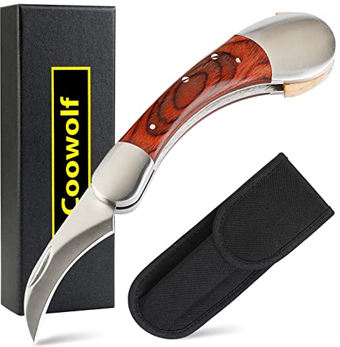 Coowolf Mushroom Knife with Brush and Sheath, Curved Stainless Steel Blade, Hardwood Handle, 7.1 Inch Folding Design, for Morels, Porcini, Chanterelles, Foraging Mushroom Gifts