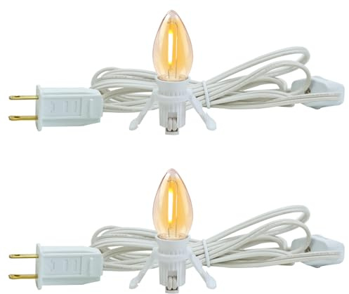 2 Pack Accessory Cord with 2 C7 Led Light Bulb Candelabra-Base E12 Socket White Cord with On/Off Switch Plugs for Holiday Decorations Christmas Village House