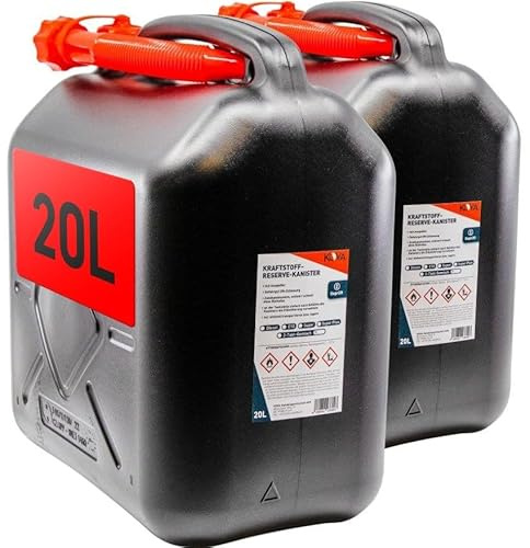 KOVA® 2x Benzinkanister 20L SCHWARZ Kunststoff Dieselkanister Reservekanister Kraftstoffkanister 20 Liter Wasserkanister für Benzin Diesel Wasser AdBlue, 20-Liter-Kanister Außgießer 20 ltr Petrol Can