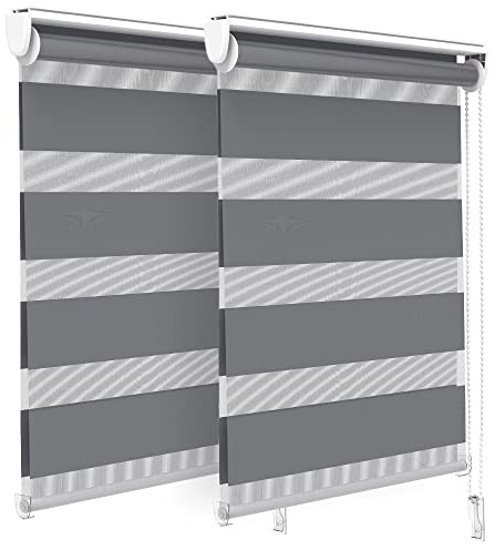 VOUNOT® Set of 2 Day and Night Blinds No Drill, Zebra Roller Blinds for Windows, Double Layer Translucent and Blackout Fabric, Easy Installation Window Shades, Grey, 55 x 150 cm