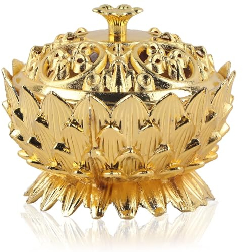 Lotus Räuchergefäß mit Deckel 7 × 5cm Mini Hollow Räucherschale Räuchergefäß Vintage Weihrauchbehälter, Räucherstäbchenhalter für Zuhause BüroTeehaus Dekoration (Gold)