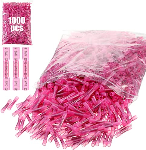 Frienda 1000 Pcs Heat Shrink Butt Wire Connectors Red Awg 22-18 Insulated Waterproof Electrical Wire Connectors Automotive Marine Grade Crimp Terminals Butt Splices for Boats, Industrial, Home