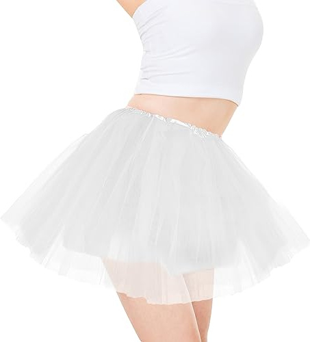 Women's Tutu Skirt, Tulle Skirt 4 Layered Tutu Dress with Comfortable Lining Fluffy Ballet Dancing Skirt for Costume Party Halloween Marathon and Races (White)