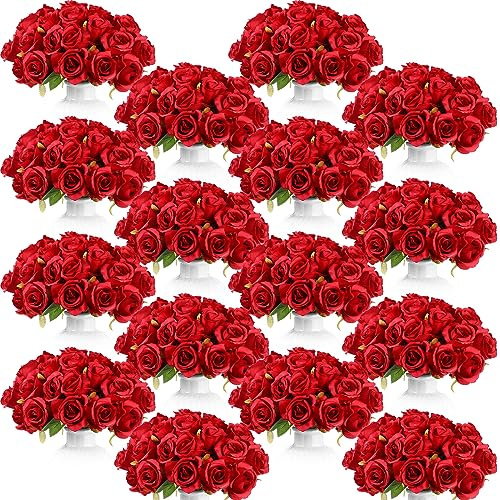 Jexine 240 Pcs Artificial Rose Flowers Bouquet Silk Realistic Flowers Bulk Centerpieces DIY Bride Fake Rose for Home Bridal Wedding Party Decorations(Red)