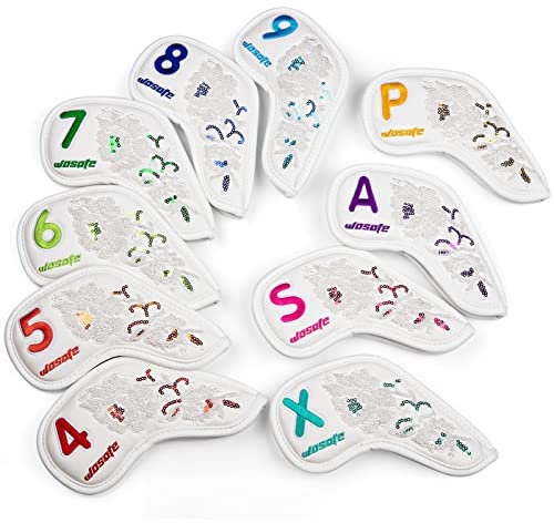 10Pcs/set Golf Iron Headcovers PU Sequin Embroidery Soft Plush Lining Protection Sleeve Head Cover Magic Tape Closure Sports Supplies,White