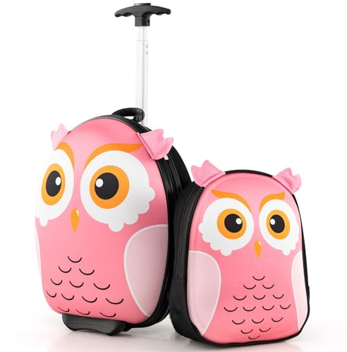 DREAMADE Valise Enfant Roulette 30x21x40CM et Sac à Dos,Bagage à Main avec Poignée Télescopique,Cabine de Voyage Légère pour Garçon et Fille,Lot de Bagages Etanche Motifs d’Animal (Hibou-Rose)