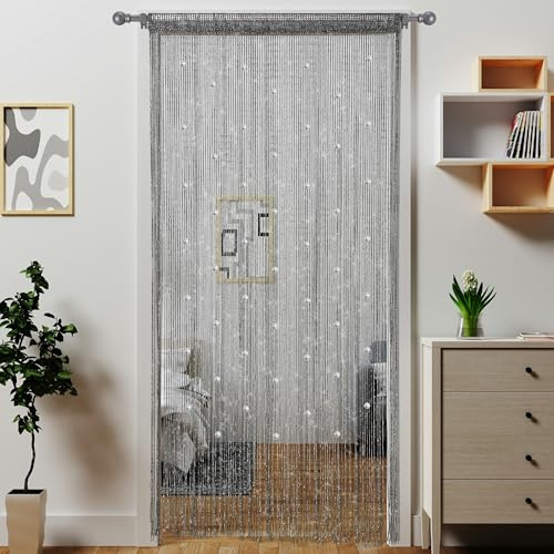 Atsweetlife Perlenvorhang, Türvorhang, Perlenvorhänge, hängende Raumteiler, Perlendekoration, Hippie-Glitzer-Fransen-Panel, Schrank, Fenster, Türen, Pailletten, Boho-Türen, Quaste (Silber)