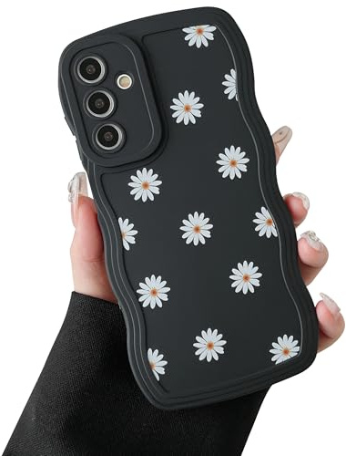 ZTOFERA Case for Samsung Galaxy A15 5G/4G, Cute Curly Wave Frame Daisy Pattern Liquid Silicone Case, Flexible Shockproof Protective Bumper Cover for Samsung A15 - Black