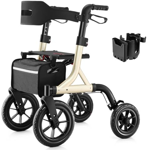 MAXWALK Walkers for Seniors, Rollator Walker with Seat, 12 Big Rubber Wheels All Terrain Rollator Walker with Backrest, Built-in Cable, Cup Holder, Foldable and Height Adjustment for Seniors, Gold