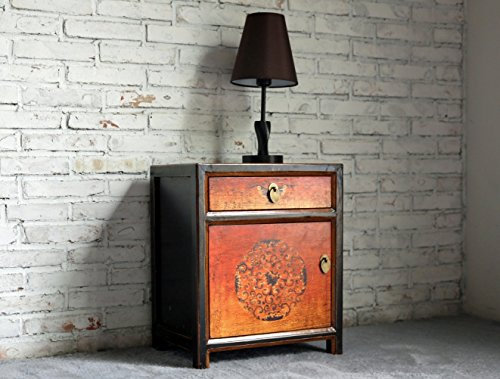 OPIUM OUTLET Furniture Bedside Table Bedside Table Bedside Cabinet Chest of Drawers Vintage Chinese Asian Oriental Hand Painted Wood Fully Assembled Orange/Black