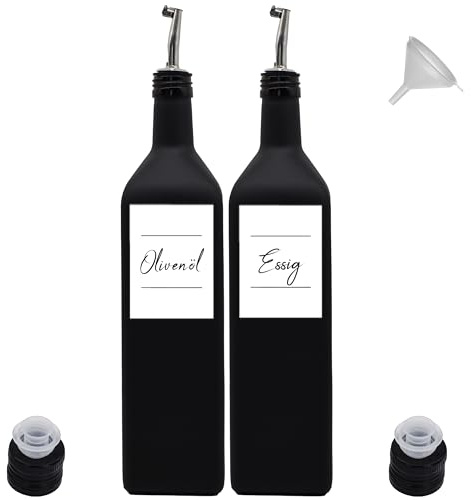 Ölflaschen mit Ausgießer zum Befüllen aus Glas 1000 ml - Edelstahl-Ausgießer - wasserfeste Etiketten - Deckel und Trichter - Olivenöl, Essig