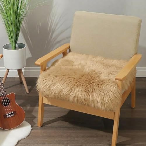 IRIWOOL Square Fur Sheepskin Chair Cover Seat Cushion Pad Super Soft Area Rugs for Living Bedroom Sofa 18 x 18 (Light Brown, 18 x 18 (Pack of 1))