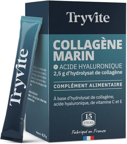 TRYVITE Collagène Marin et Acide Hyaluronique – Vitamine C & E, Peau Hydratée & Élastique | Haute Absorption (15 sticks)