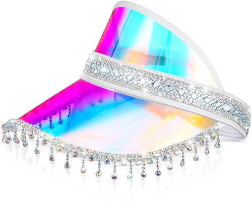 Velmitten Bling Rhinestone Sun Visor Hat for Women Iridescent Tennis Beach Golf Visors Rhinestone Mirrored Visor Cap for Music Festival Disco Party, Iridescent, One Size