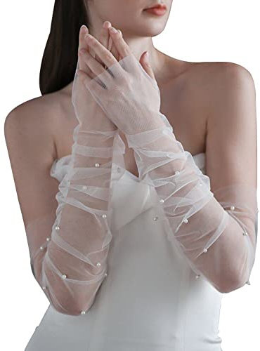 Tsffae 1 Paar Tüll-brauthandschuhe, Perlen-hochzeitshandschuhe Für Damen, Opernlänge, Braut-arm-hülsen-spitzenhandschuhe