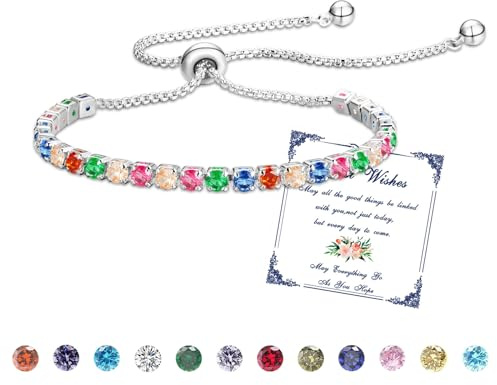 Armband Damen Silber Tennis Armband armbänder Geschenke für Frauen Mädchen | tennisarmband mit 12 Farben Geburtsstein Verstellbares Glitzer Freundin Ehefrau Mutter Schwester
