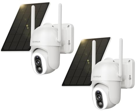 SEHMUA Überwachungskamera Aussen Akku WLAN, Kamera Überwachung Aussen Solar | 360° PTZ, PIR-Erkennung 12 LEDs (500-Lumen), 2-Wege-Audio, Farbige Nachtsicht, IP66 Wasserdicht, 2 Stück