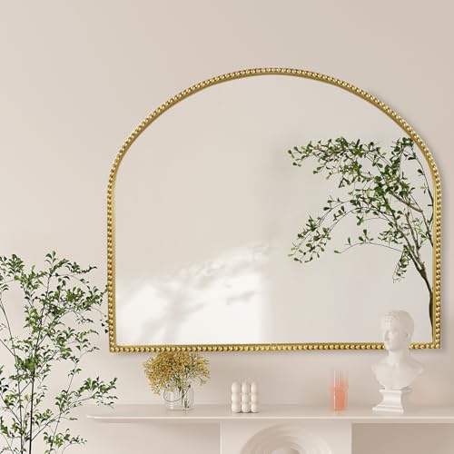 Arch Wall Mirror, 35x28, Gold Vintage Beaded, Wide Accent for Bathroom Vanity, Traditional Ornate Baroque Antique for Washroom, Living Room, Entryway, Fireplace