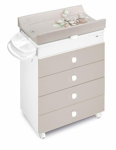 Cam Baby Mehrzweck-Wickelkommode Asia | für 0-12 Monate | Weiß Braun | inklusive Badewanne und Wickelunterlage
